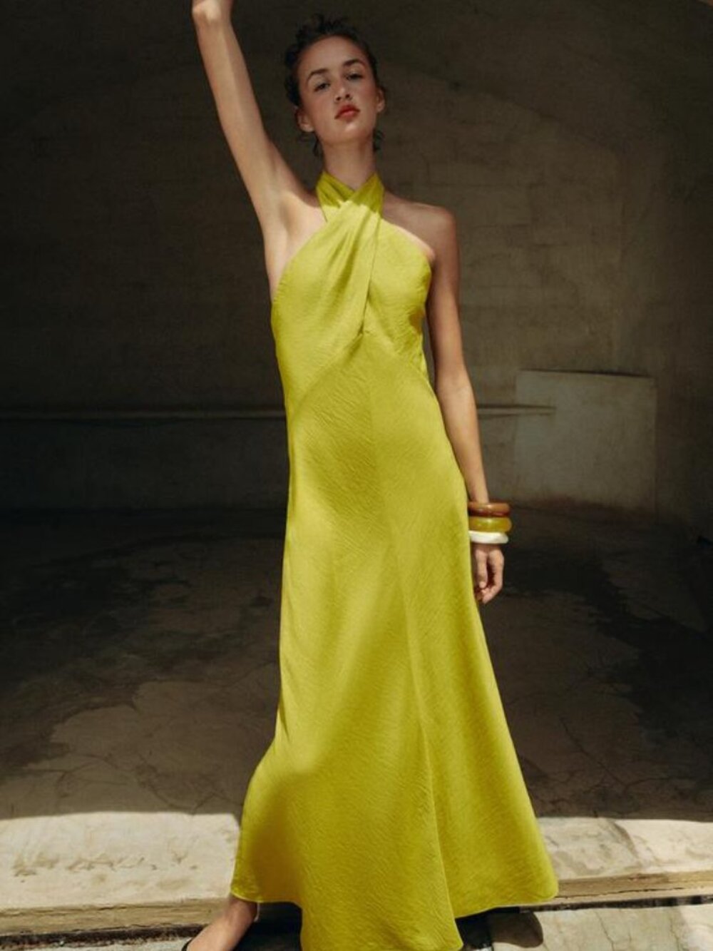 HALTERNECK WRAP MIDI DRESS WITH LINEN